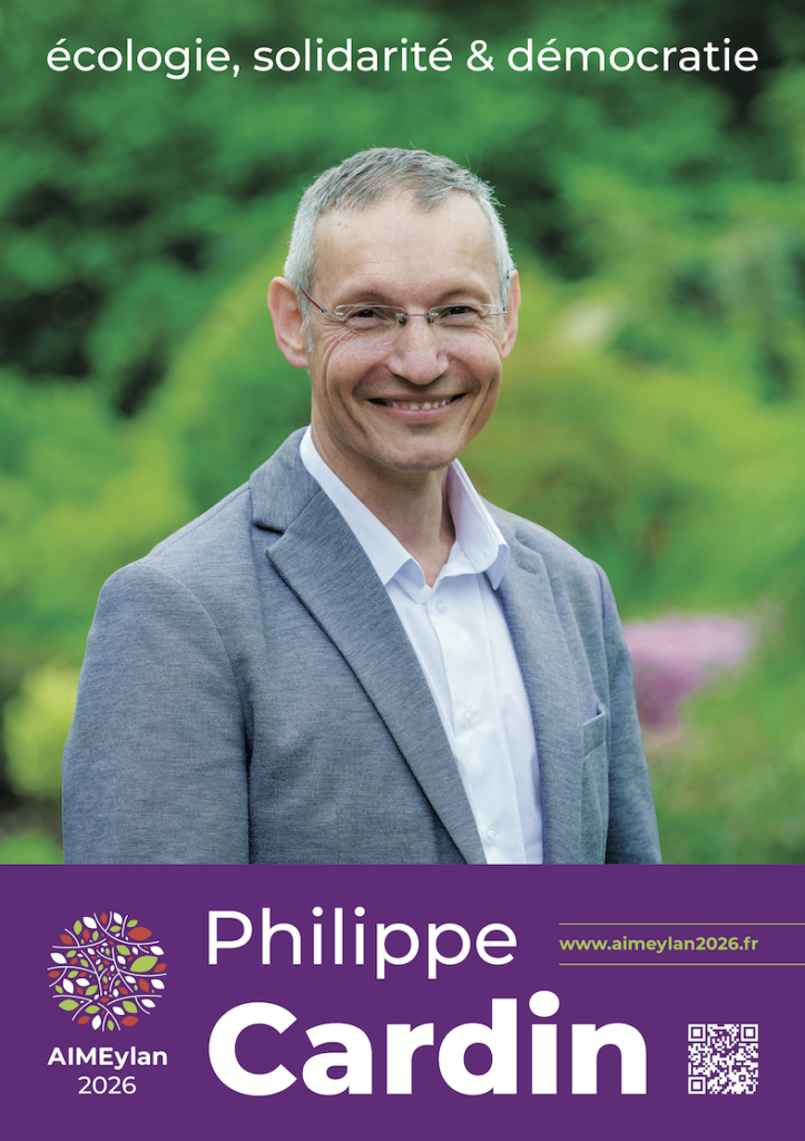 AIMEylan 2026 : Affiche de campagne Philippe Cardin - écologie, solidarité & démocratie, avec QR code