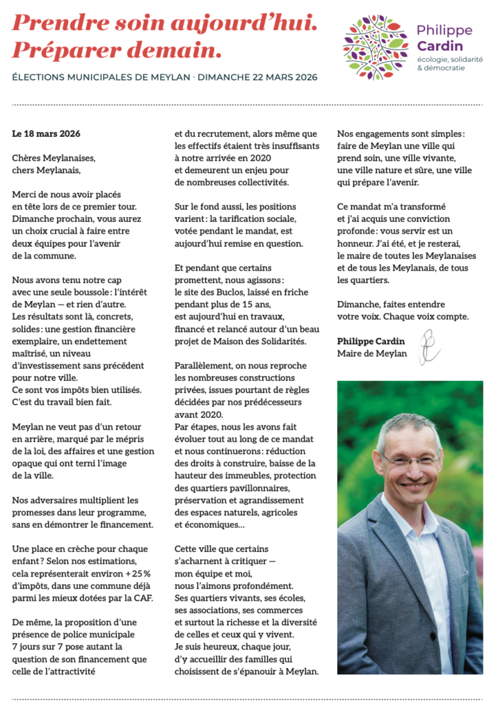 AIMEylan2026 : Profession de foi 2ème Tour des élections municipales 2026 de Meylan avec Philippe Cardin, recto