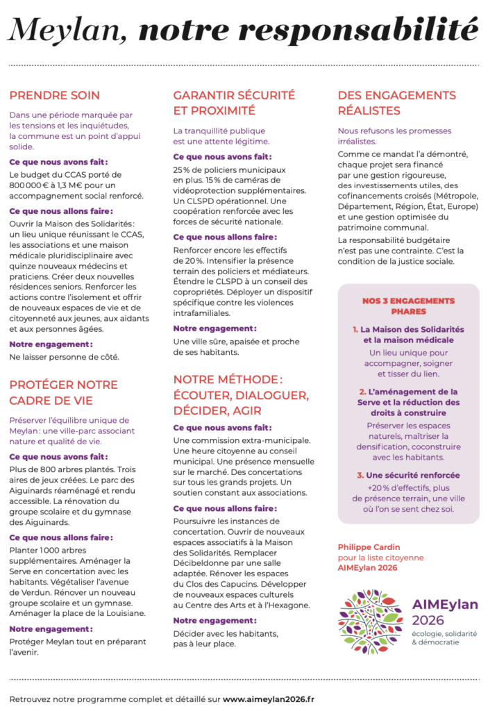 AIMEylan2026 : Profession de foi 2ème Tour des élections municipales 2026 de Meylan avec Philippe Cardin, verso